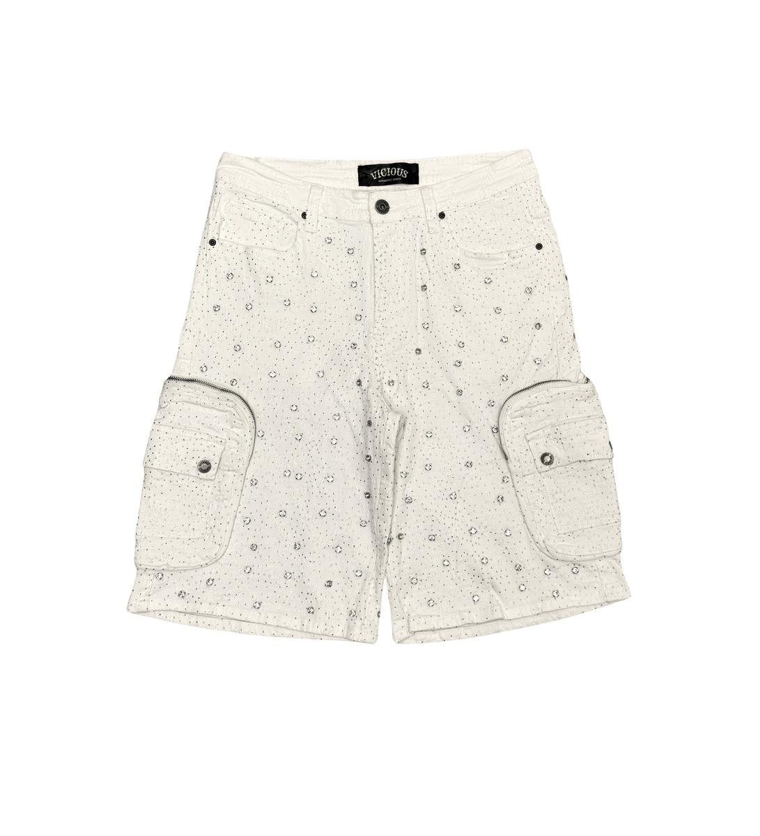 Vicious Crystal Long Fit Cargo Short Off White