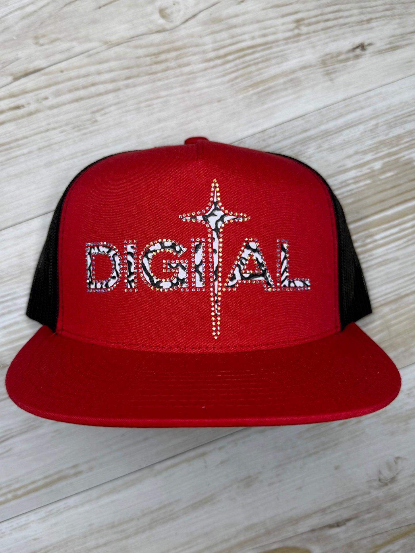 Digital Cap Red/black and print with Rhinestone