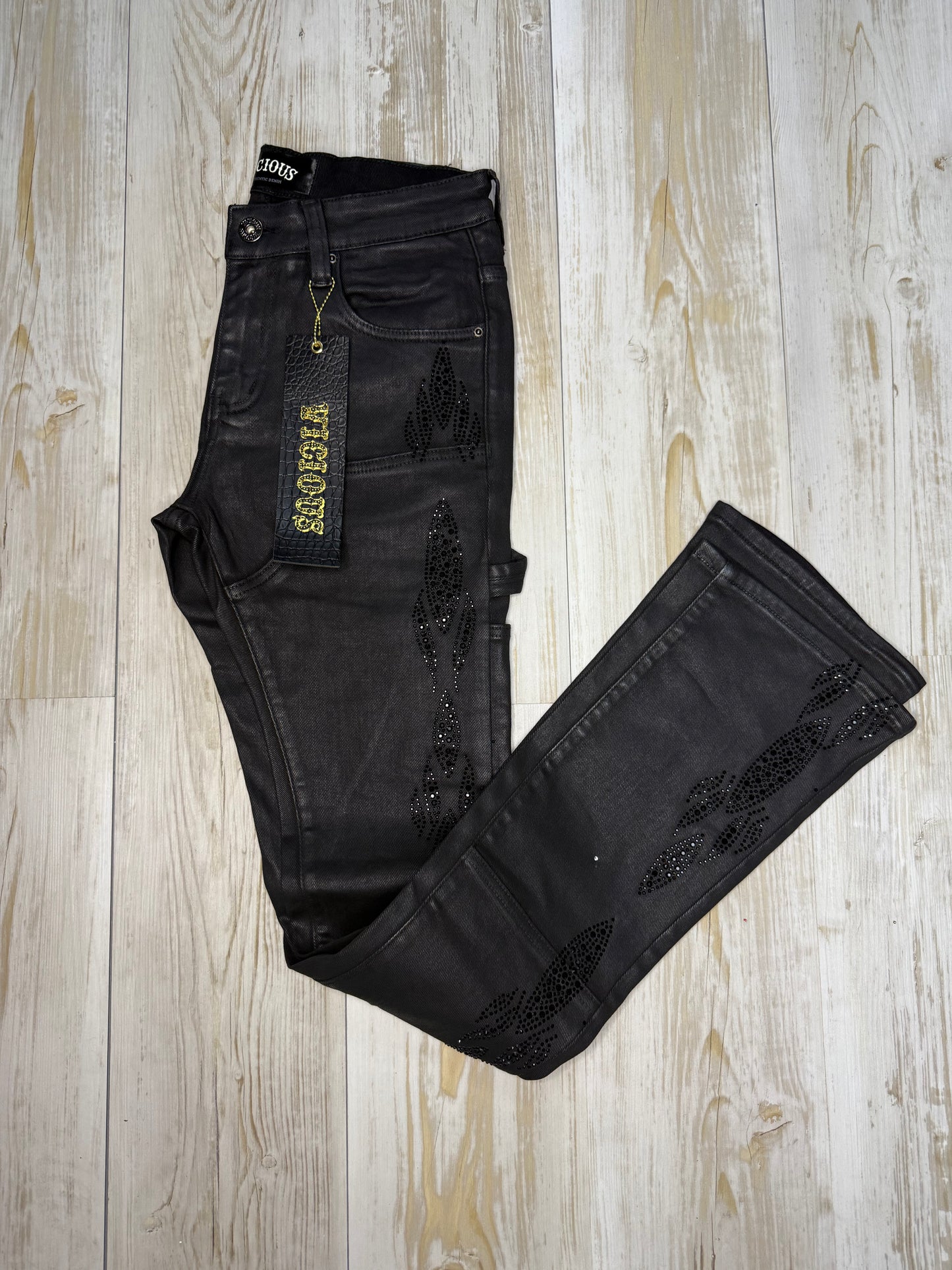 Vicious Denim Pant Black Leather with Rhinestone