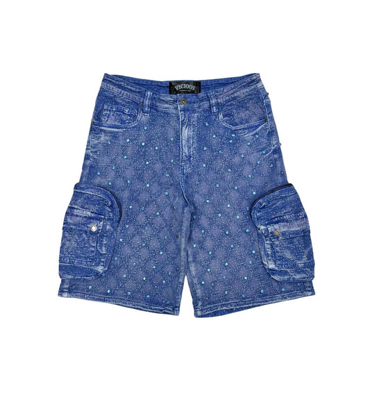 Vicious Crystal Long Fit Cargo Short Rhinestone Blue