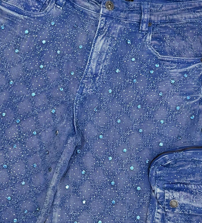 Vicious Crystal Long Fit Cargo Short Rhinestone Blue