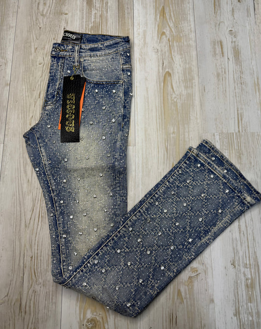 Vicious Denim Pant Blue Jeans with Rhinestone and Pearls