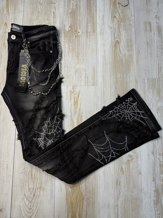 Vicious Denim Pant Black with Rhinestone, heart and Spider Web