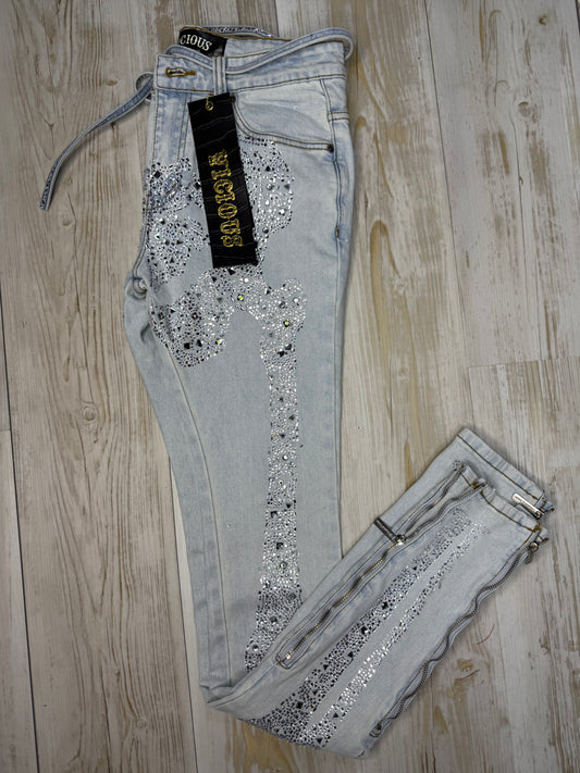 Vicious Denim Pant Blue Jeans Skeleton with Rhinestone