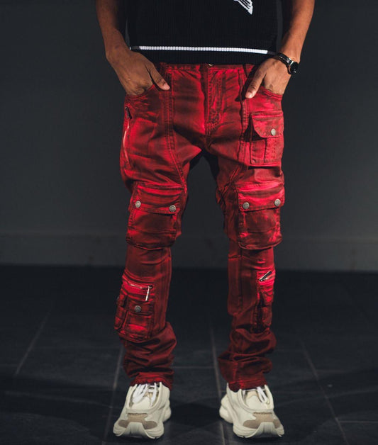 Coated denim flared fit pant Red
