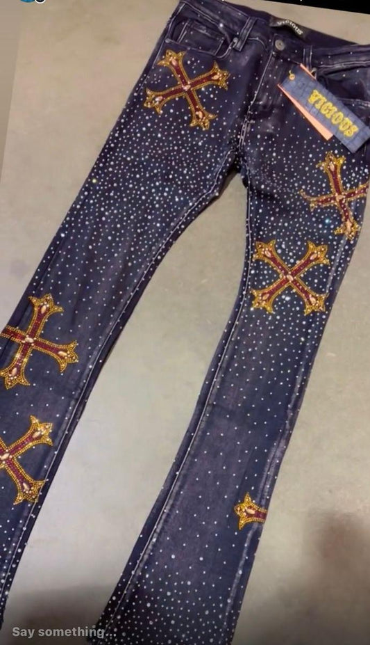 Rhinestone Stacked Denim Black